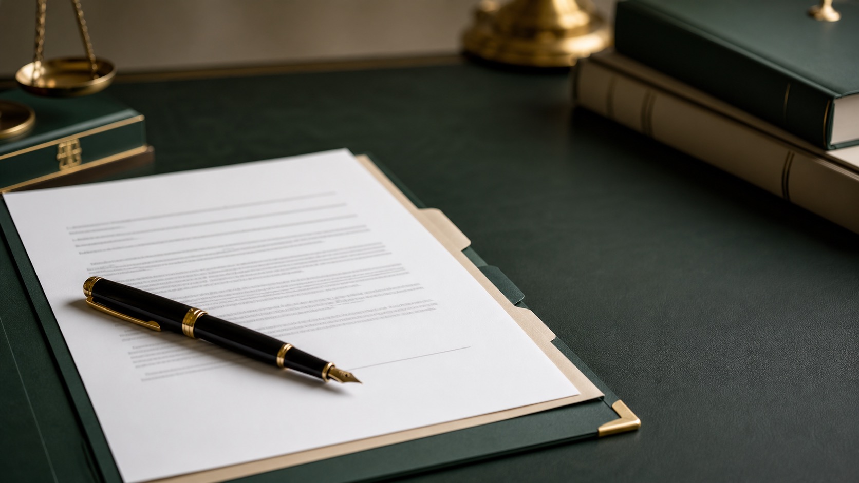 Contrato y pluma sobre escritorio legal